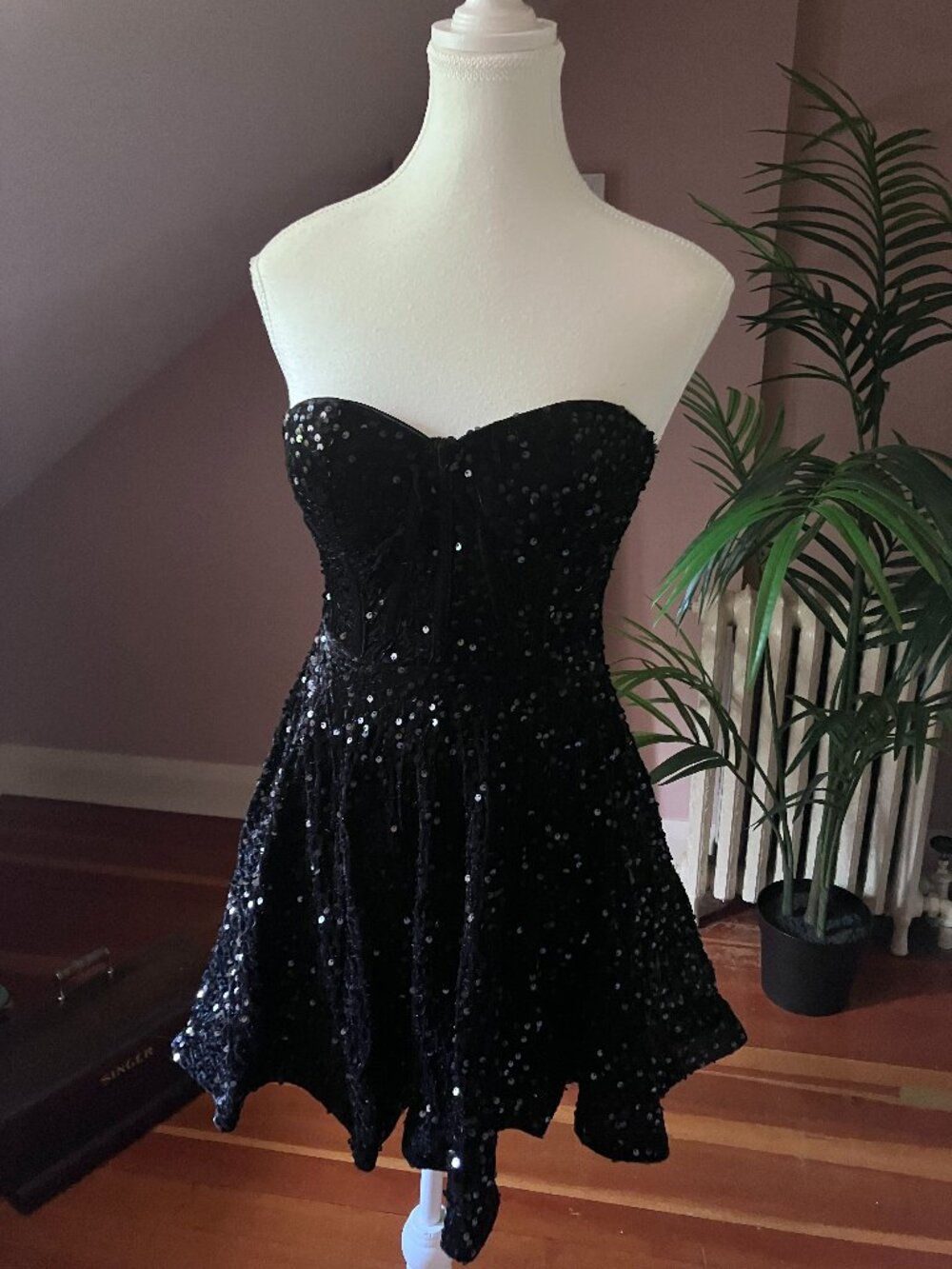 Black velvet sequin mini dress skater skirt a line party cocktail evening